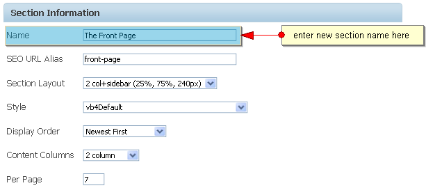 Modification de l'intitulé de la section